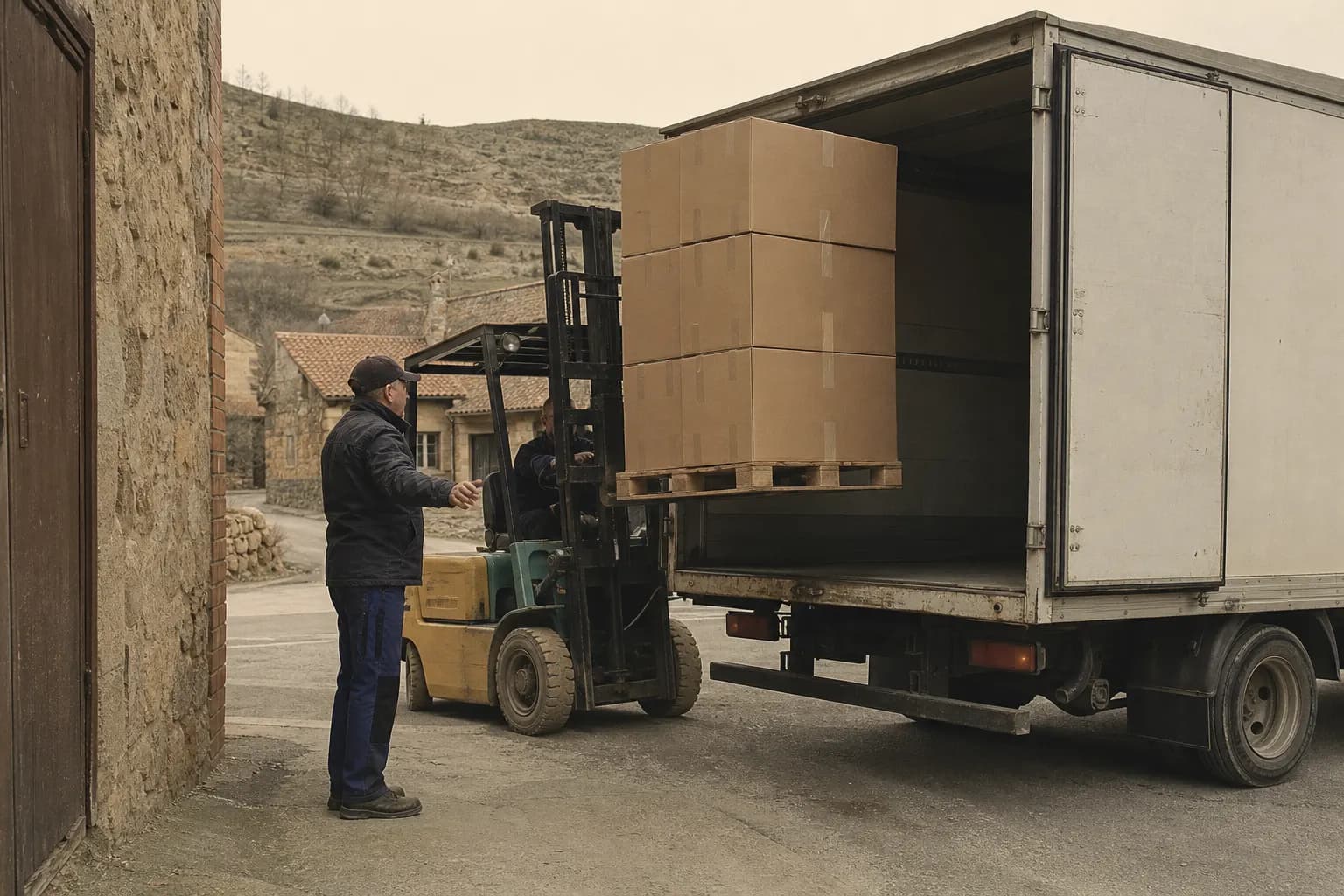 A pallet of boxes leaves a village warehouse in Teruel by lorry