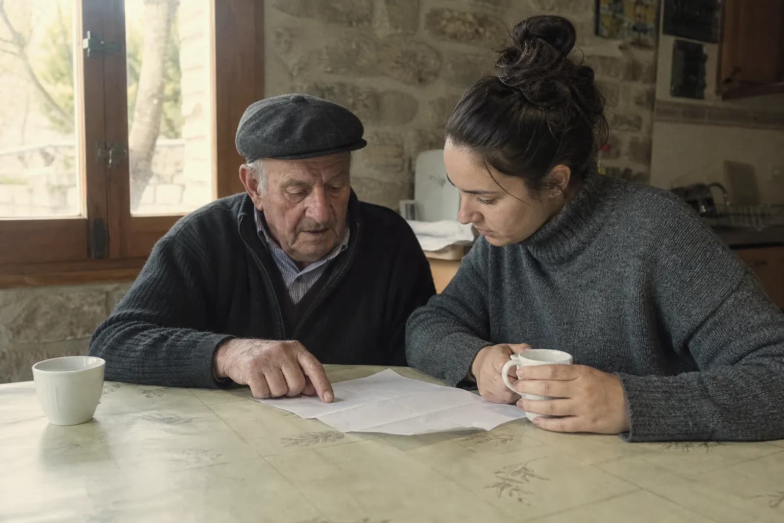 An older farmer and a young woman look at an invoice at the kitchen table