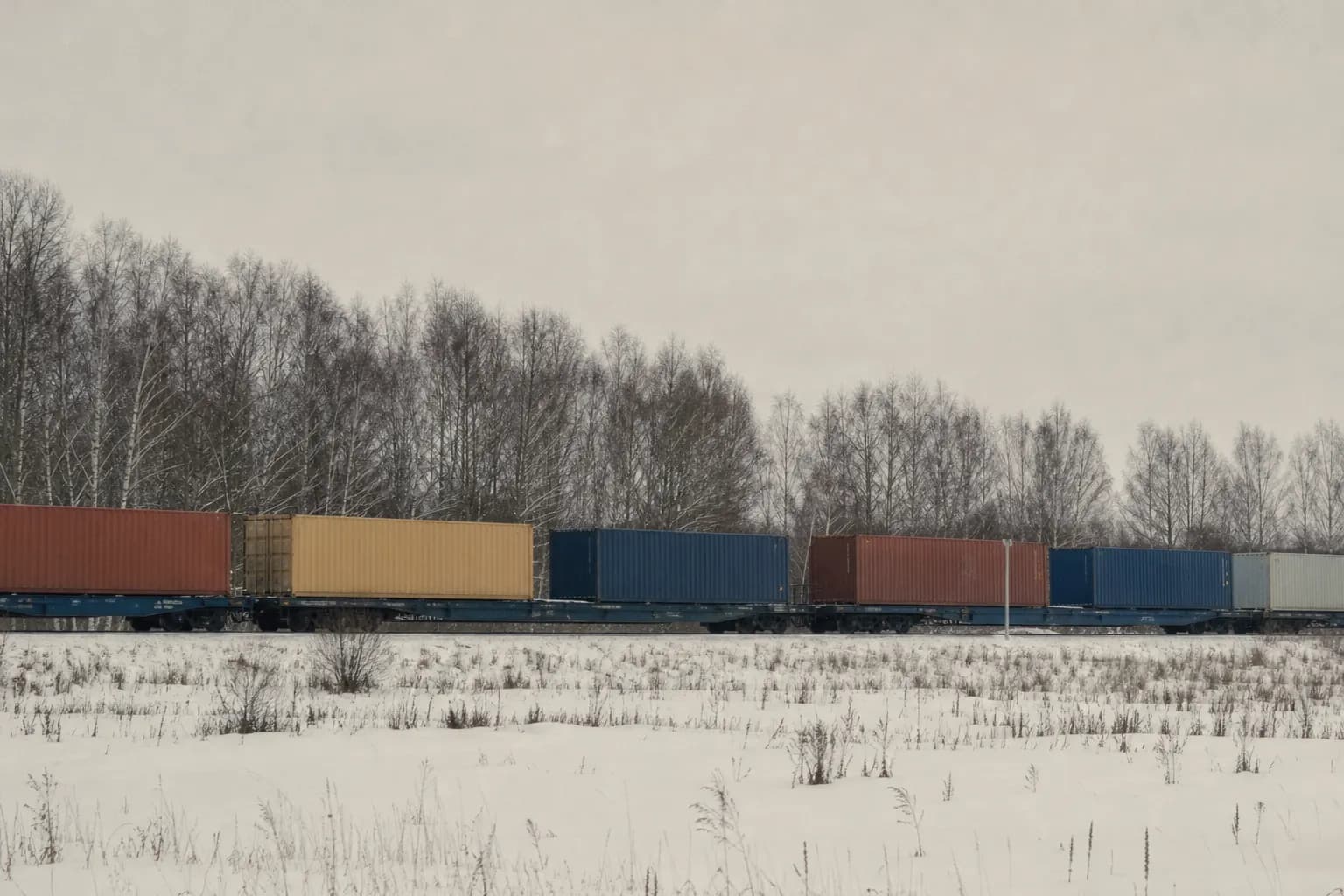 A goods train crosses a snowy plain in winter