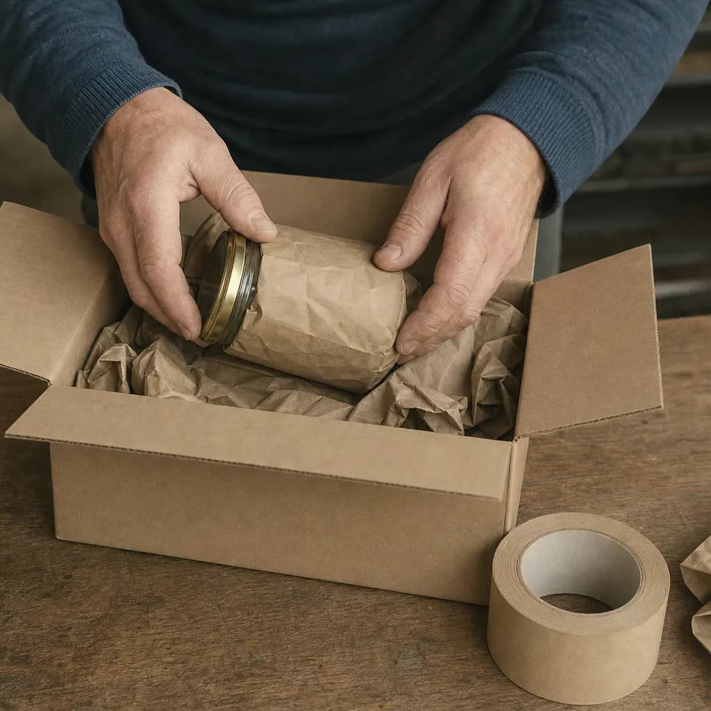 Hands wrap a jar in kraft paper and put it in a cardboard box