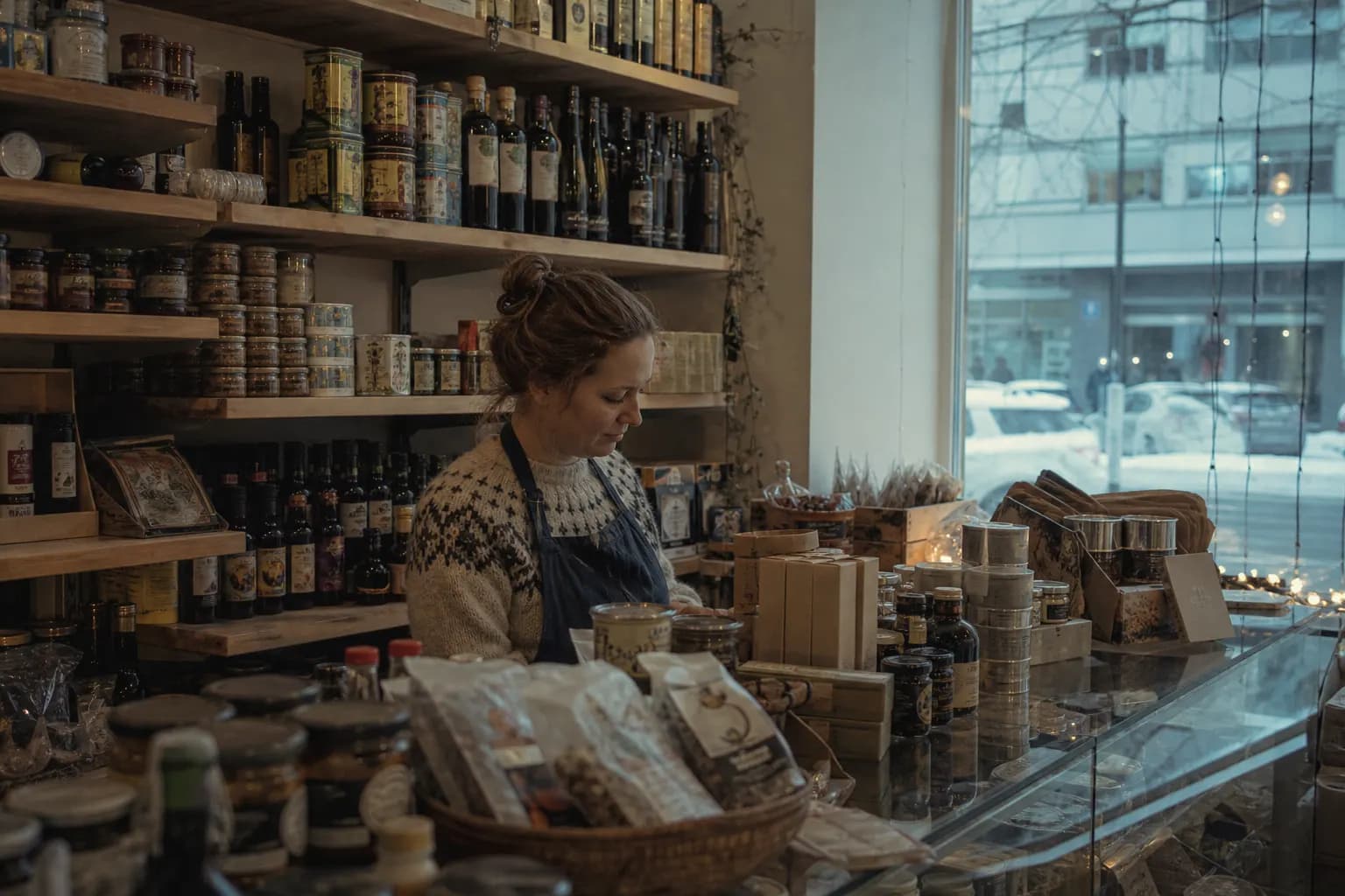 Kleiner Laden in Helsinki mit spanischen Produkten in Holzregalen, draußen Schnee