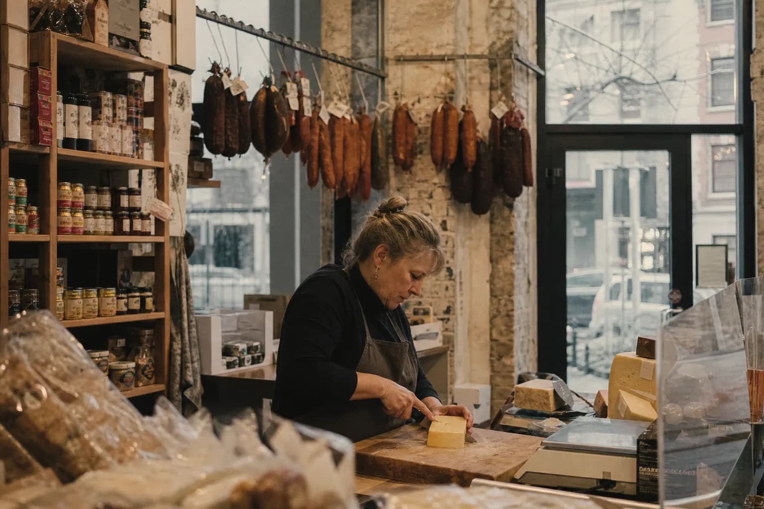 Hamburg shop with wooden shelves where a shopkeeper slices cheese
