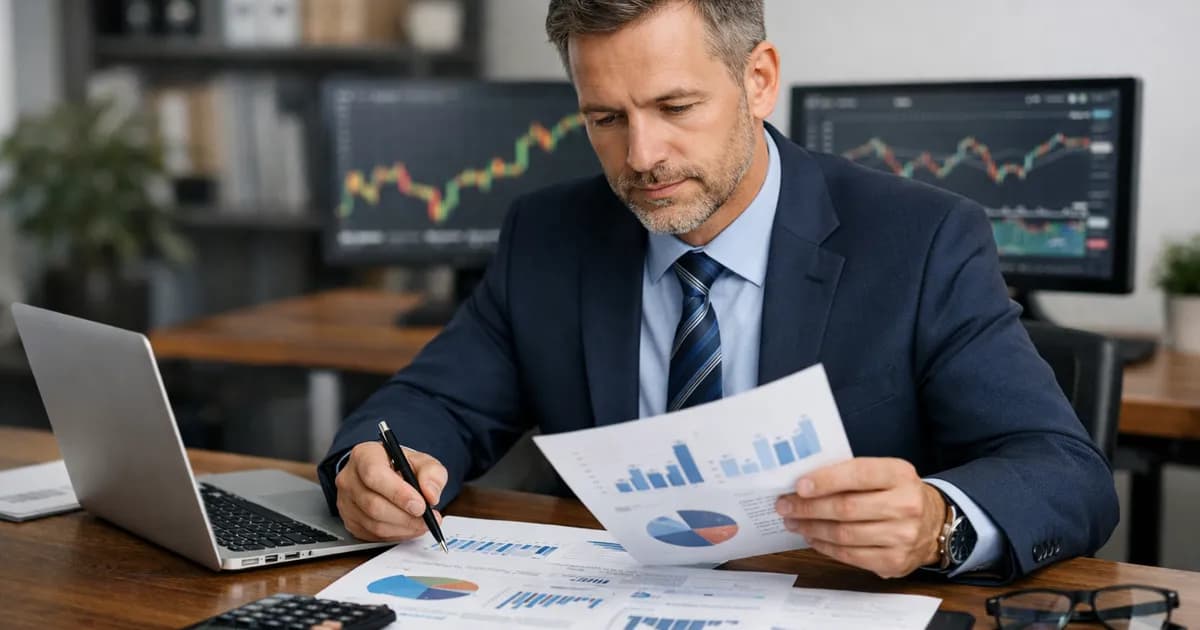 Investor reviewing financial documents on a desk