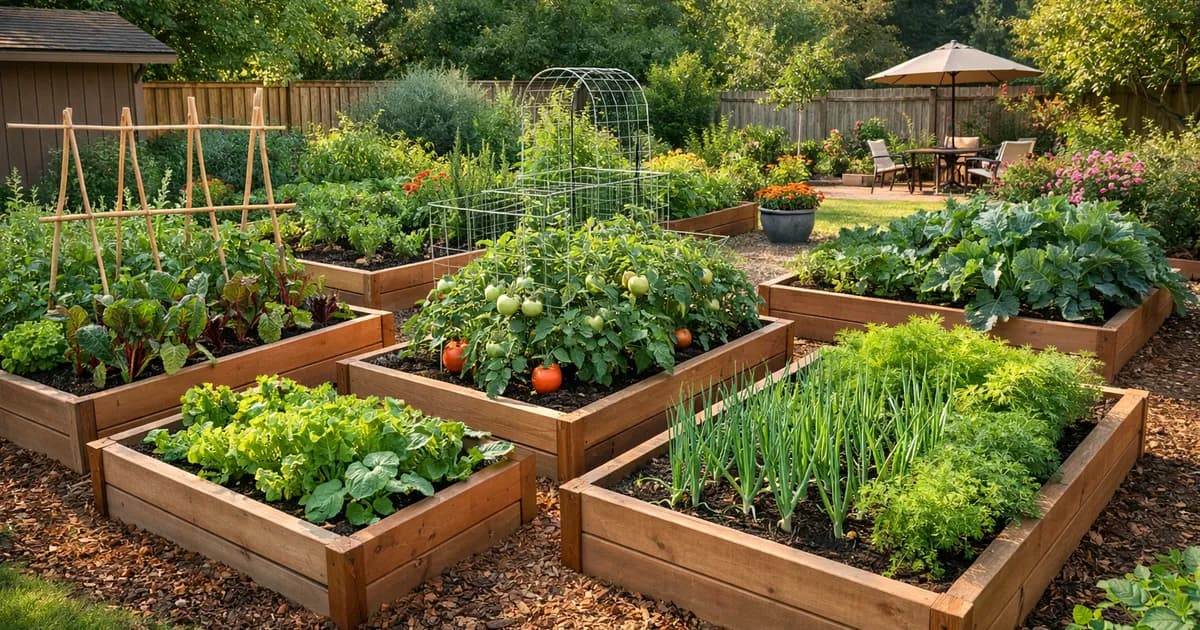 Small vegetable garden with raised beds in a rural backyard