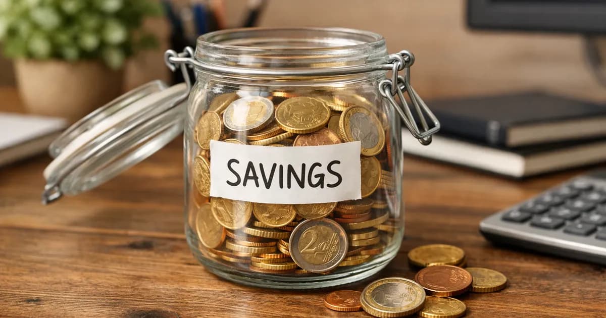 Savings jar with euro coins on a wooden desk