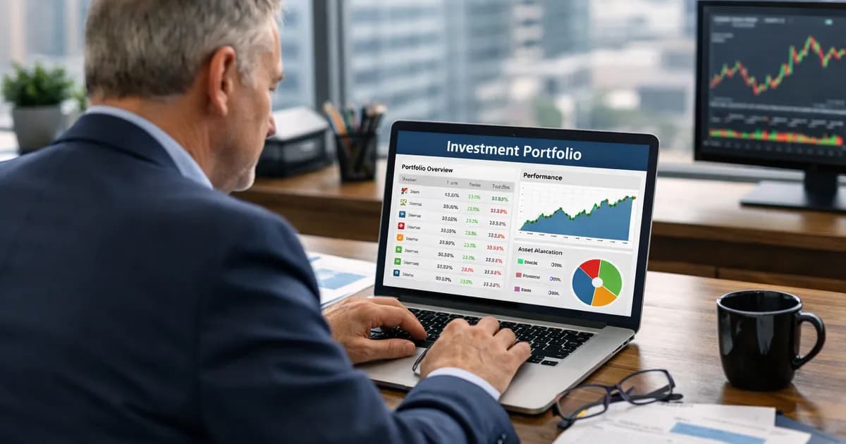 Investor analyzing a portfolio on a laptop at an office desk