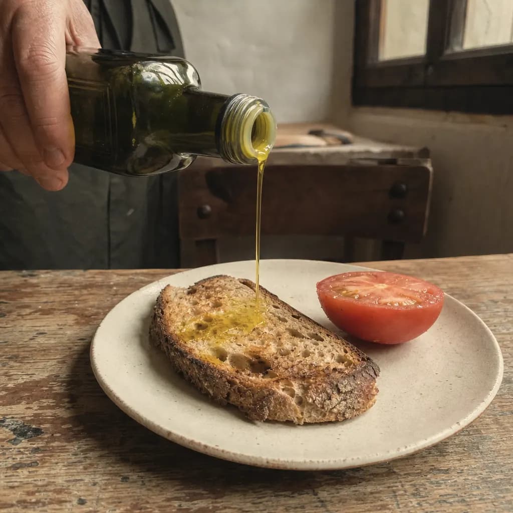 A thin stream of olive oil pours onto a slice of toasted country bread