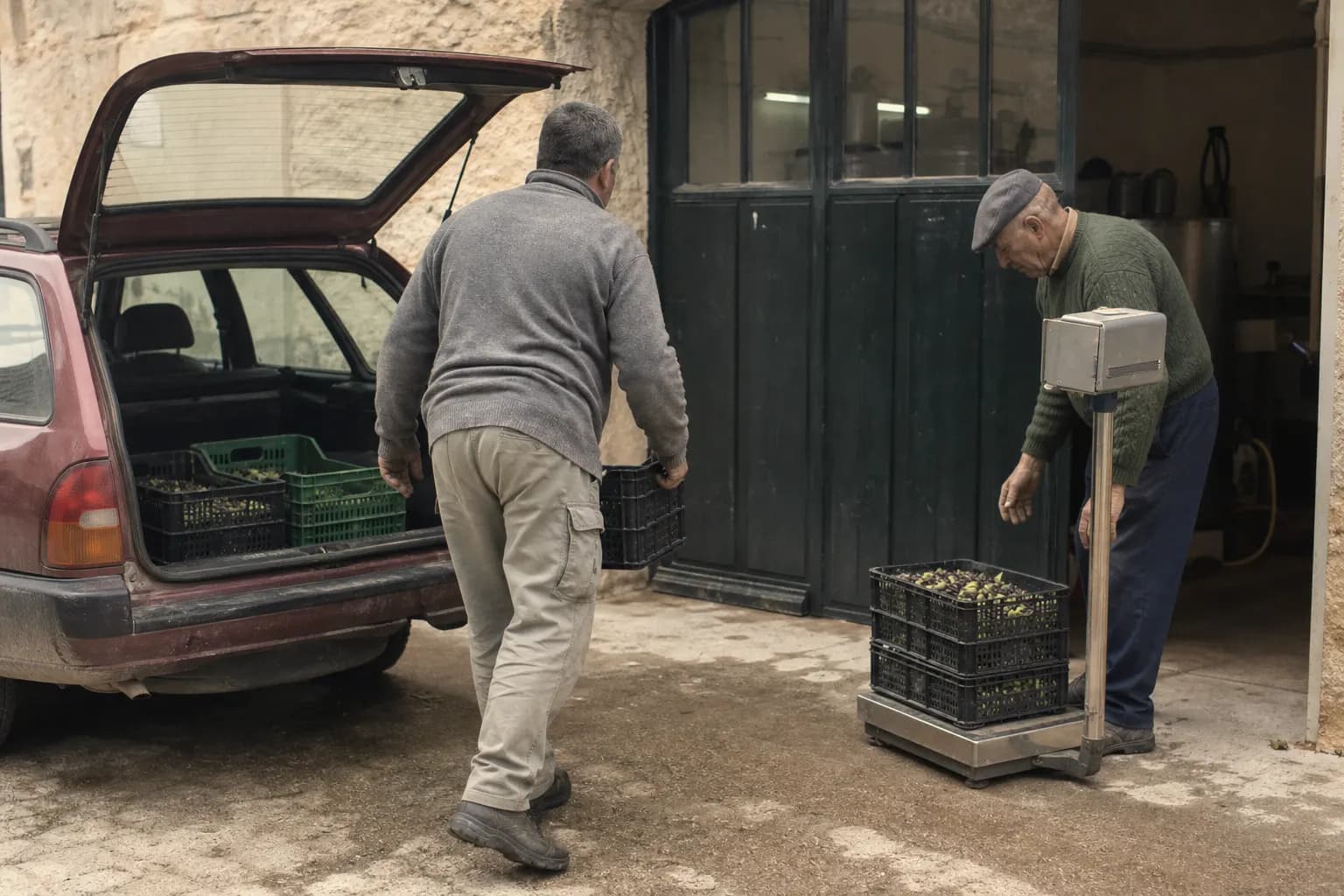 Crates of olives arrive at a small olive mill the same afternoon
