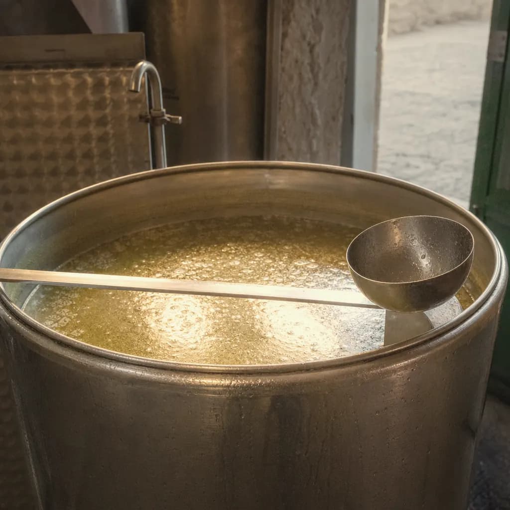 Freshly pressed olive oil settling slowly in a steel tank
