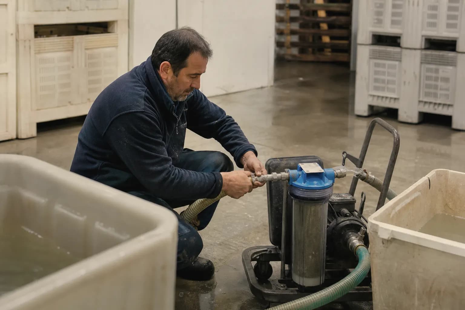 Brine being filtered and reused for the next batch in the Alcañiz warehouse