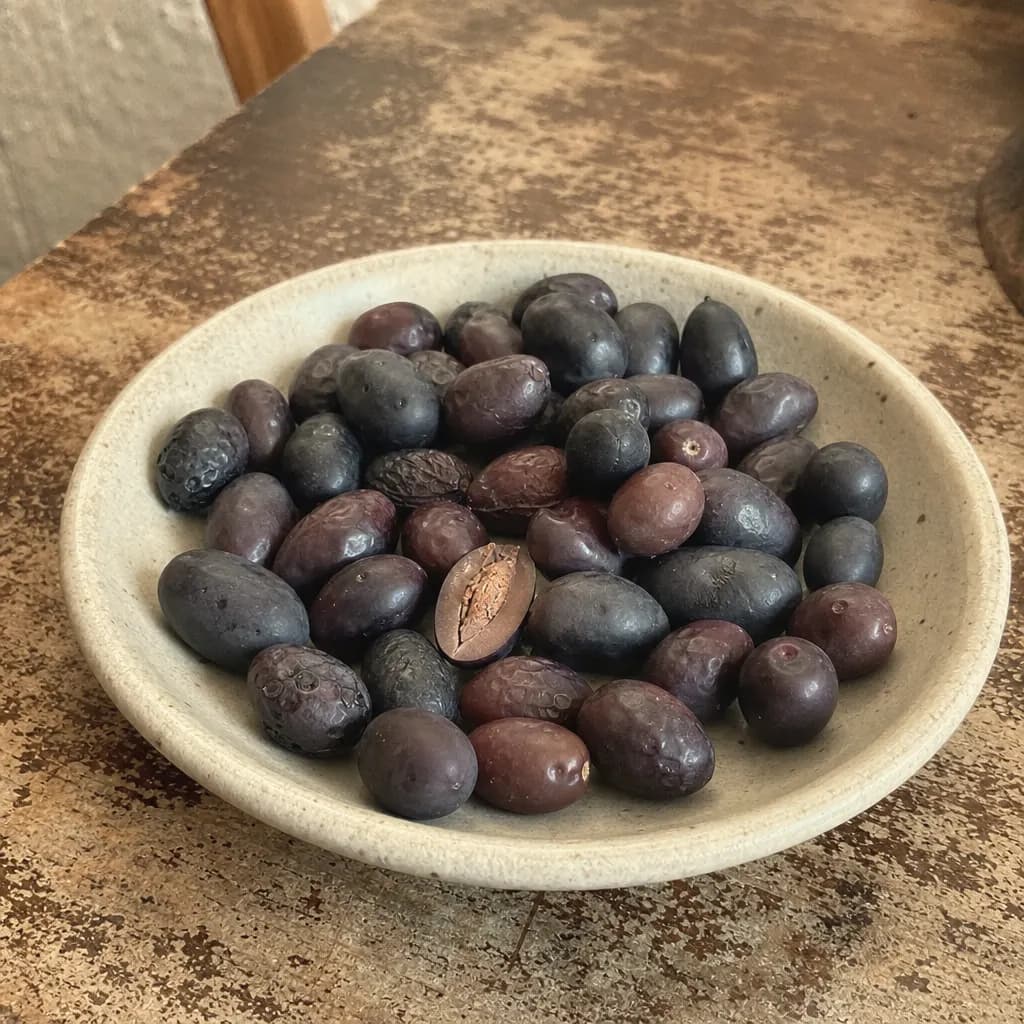 Black olives ripened on the tree, uneven in colour, in a small dish