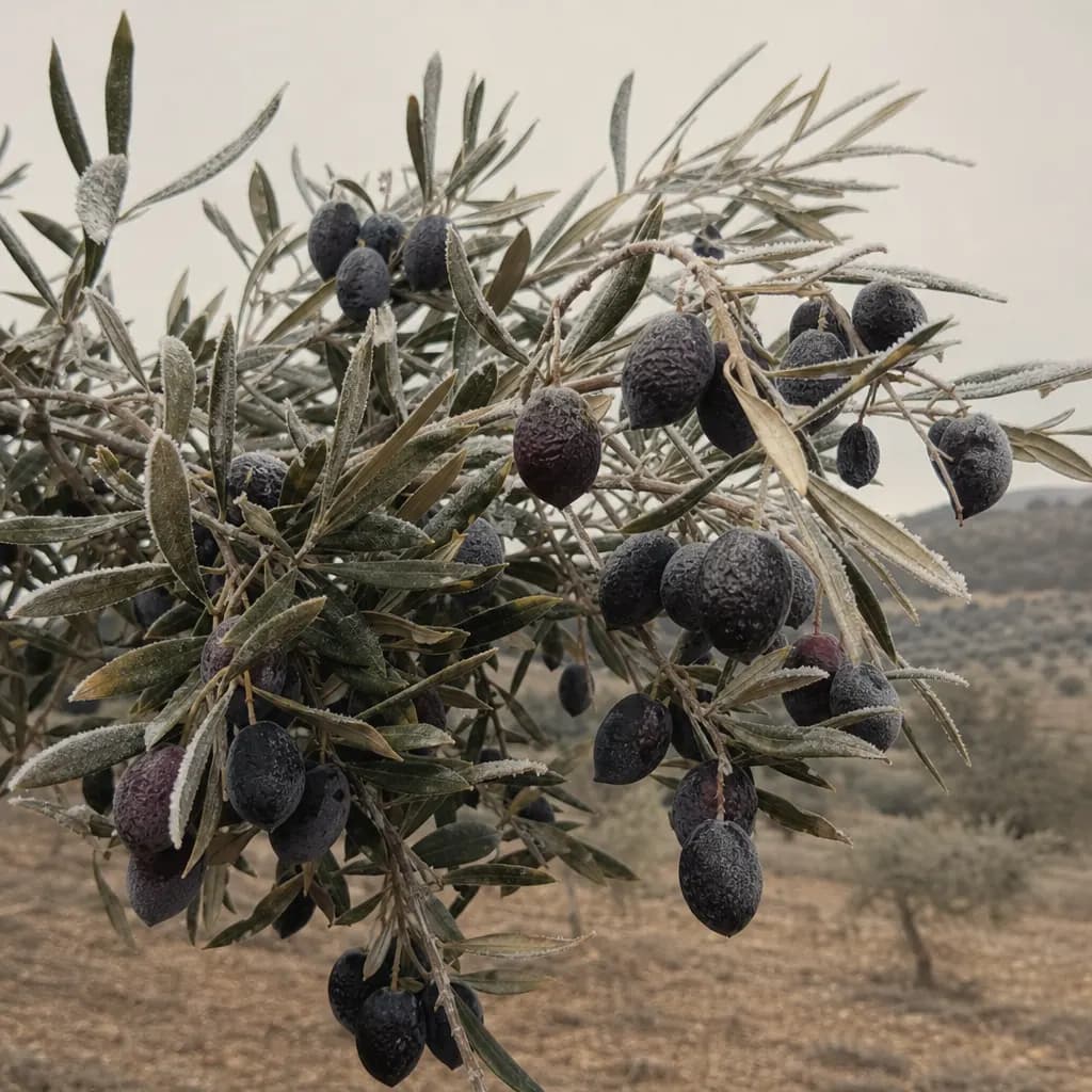 Ripe black empeltre olives on the branch in January