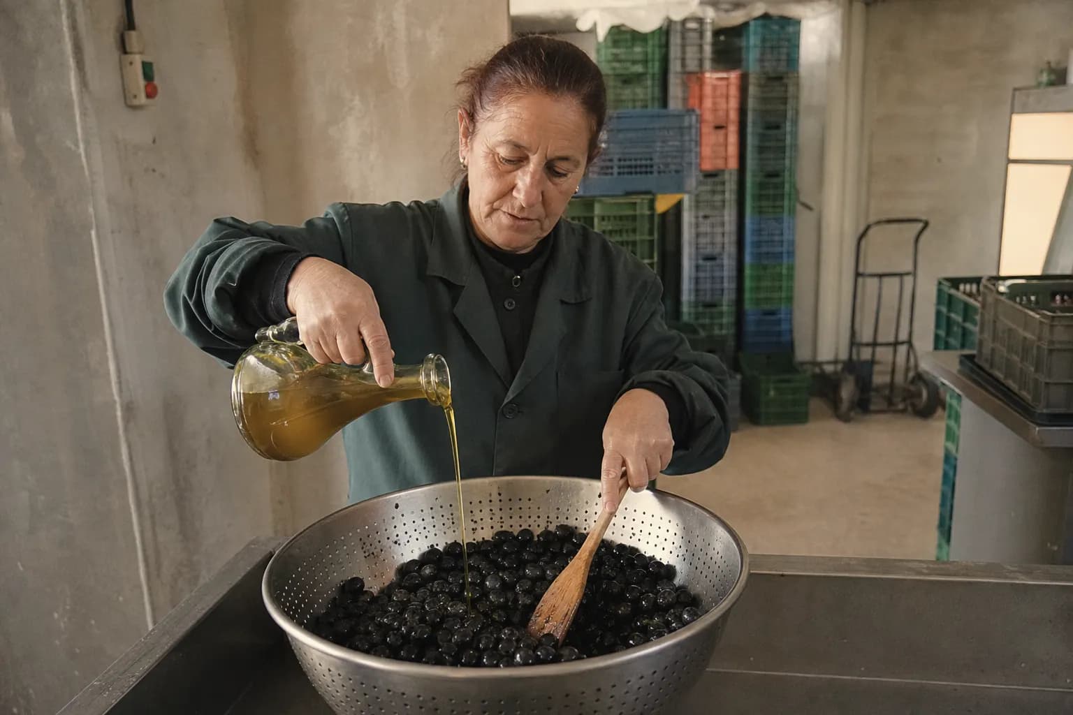 Drained olives dressed with a stream of local olive oil