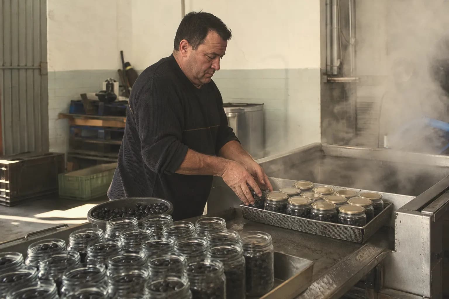 Iván Garcés fills glass jars and pasteurises them in the warehouse