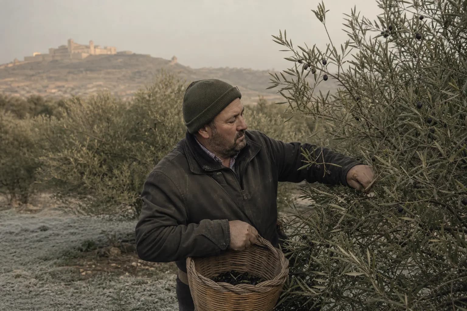 Iván Garcés picks ripe black olives by hand near Alcañiz in January
