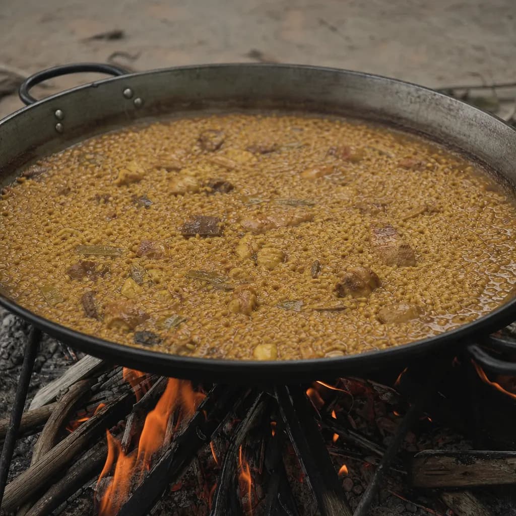 Plump separate grains of bomba rice in a paella pan
