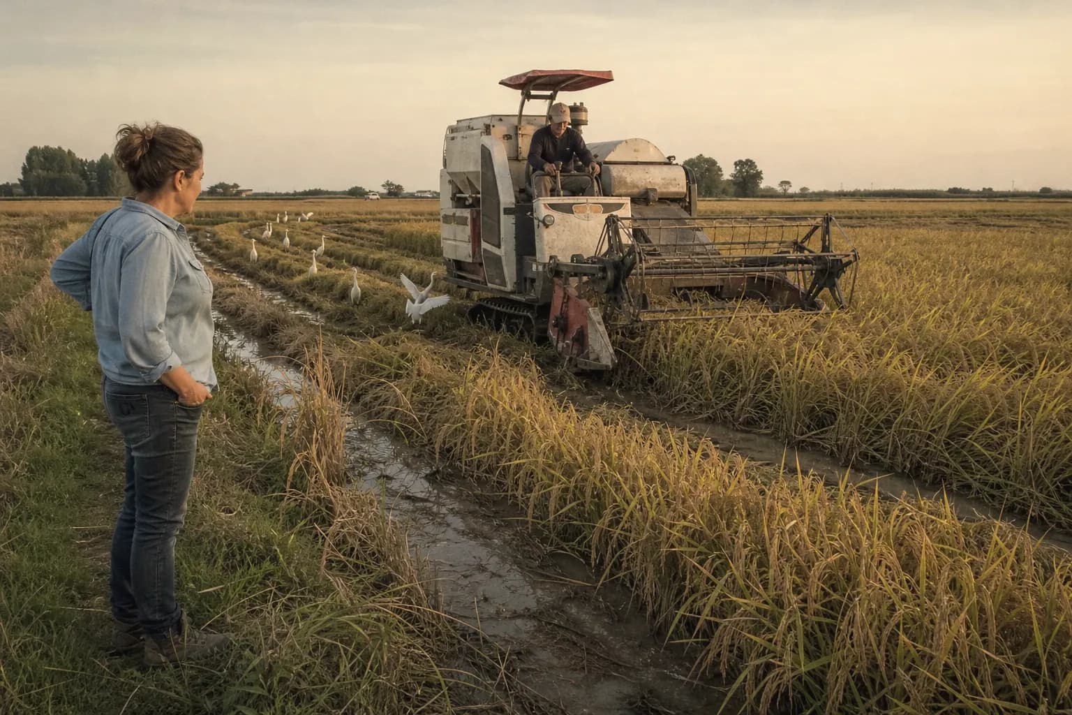 A combine harvests bomba rice in September with egrets following