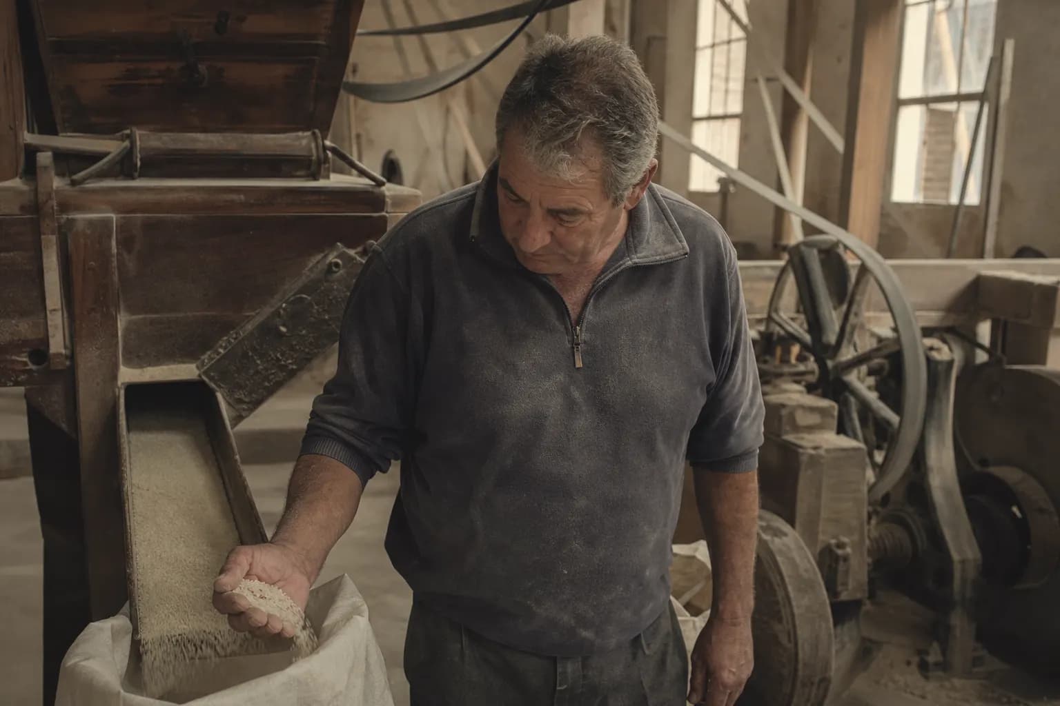 A miller checks husked rice in a mill in Sueca