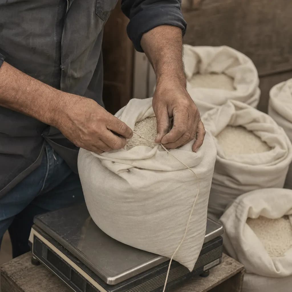 Hands filling and tying a cloth sack of bomba rice