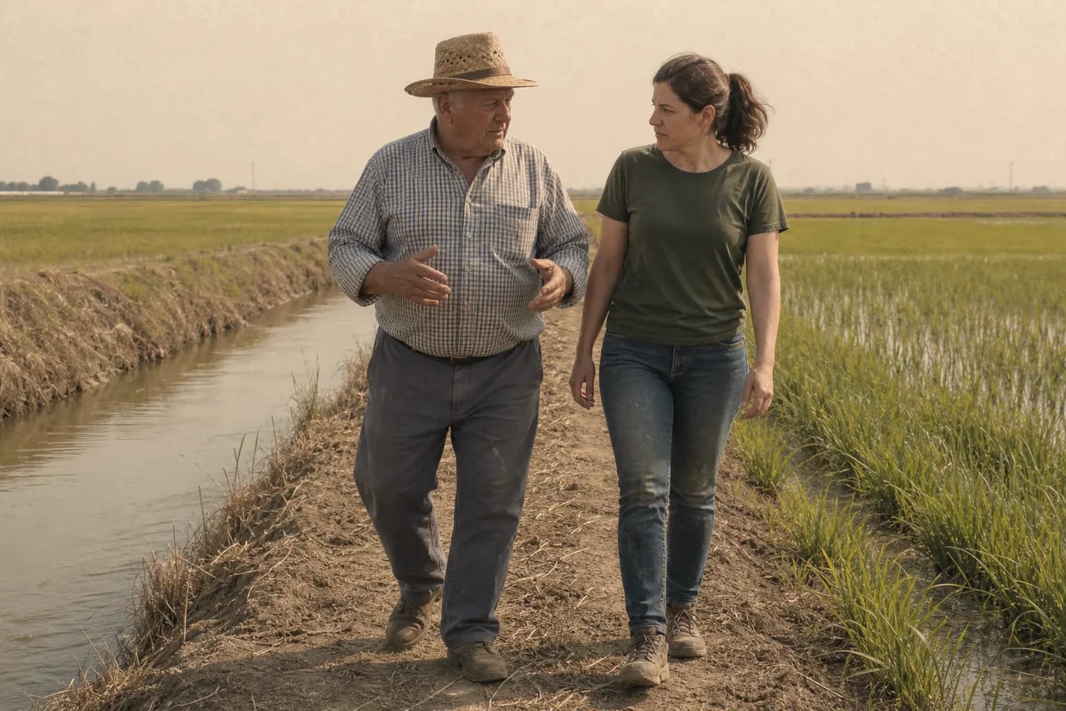 Toni Ferrer and his daughter Paula walk between the rice fields of Sueca