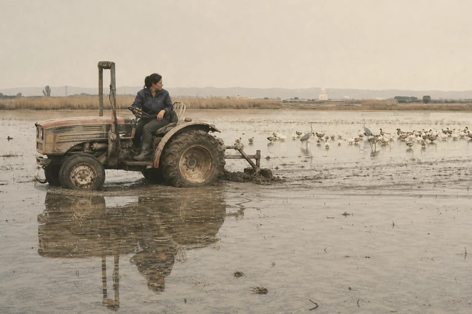 Paula Ferrer drives a tractor beside a flooded rice field full of birds in winter