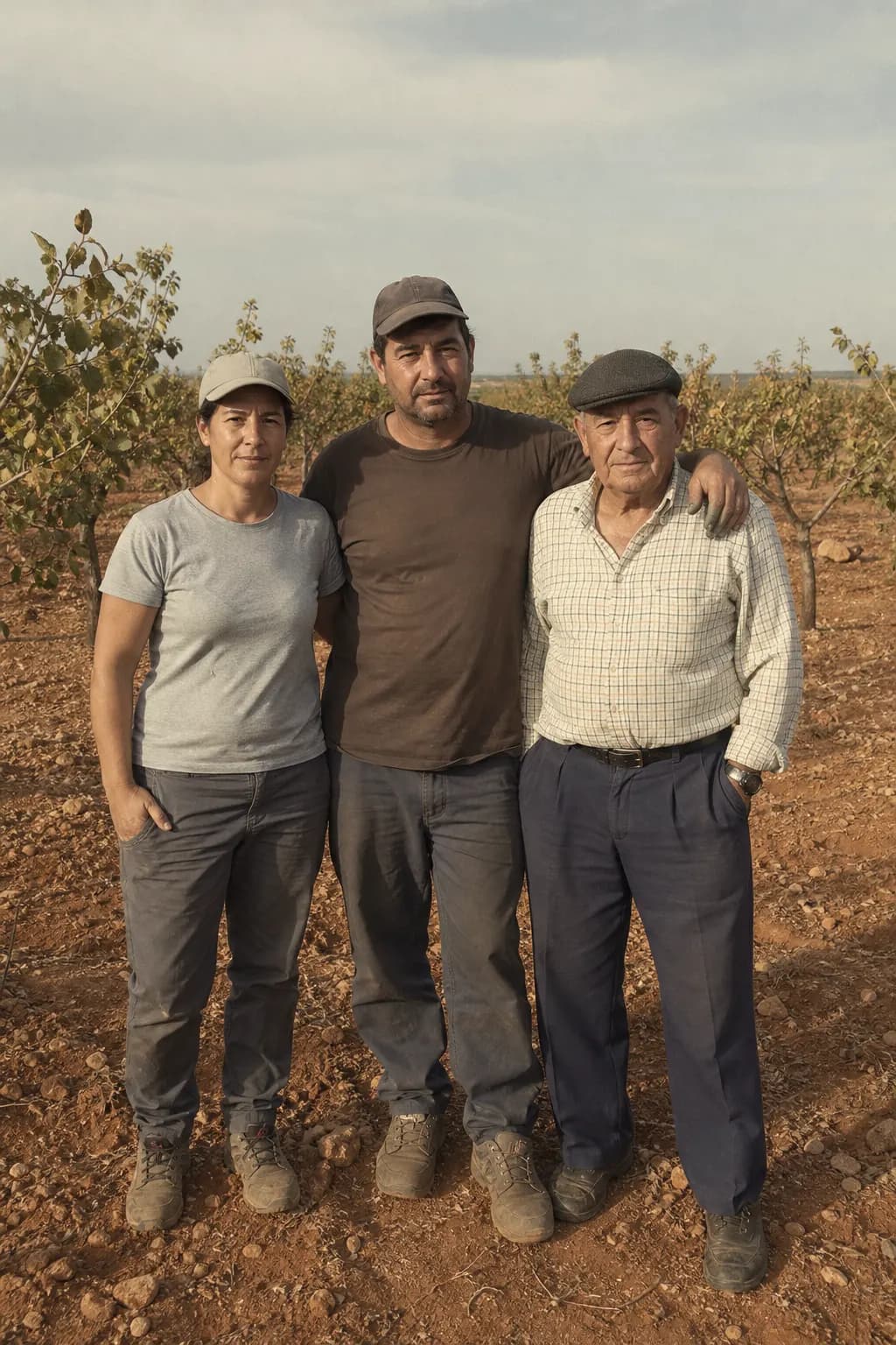 Rebeca and Ángel Moya with Pedro among the pistachio trees of La Veguilla