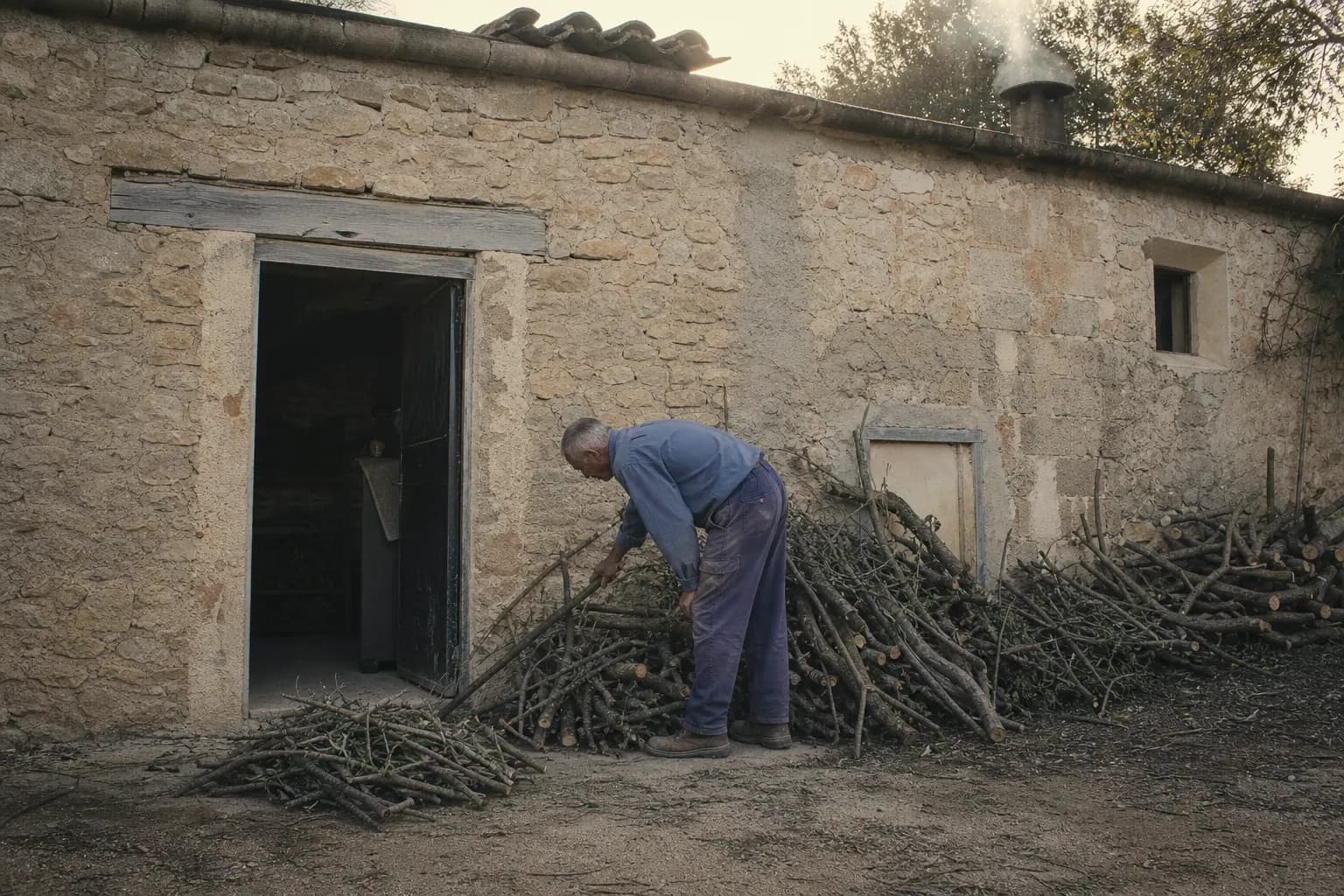 A man stacks almond and olive pruning wood beside the Algaida bakery
