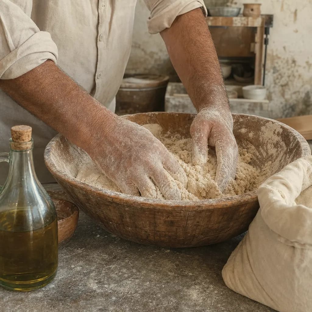 Hands mixing flour, olive oil, water, salt and yeast