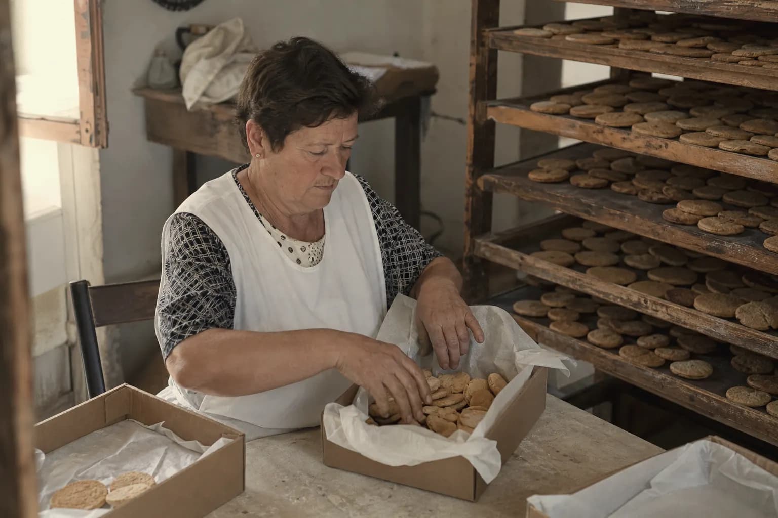 The dried crackers are packed into cardboard boxes with waxed paper