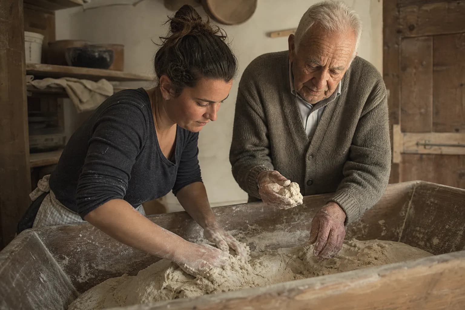 Aina Ramis kneads in the wooden trough beside her grandfather, who teaches her without scales