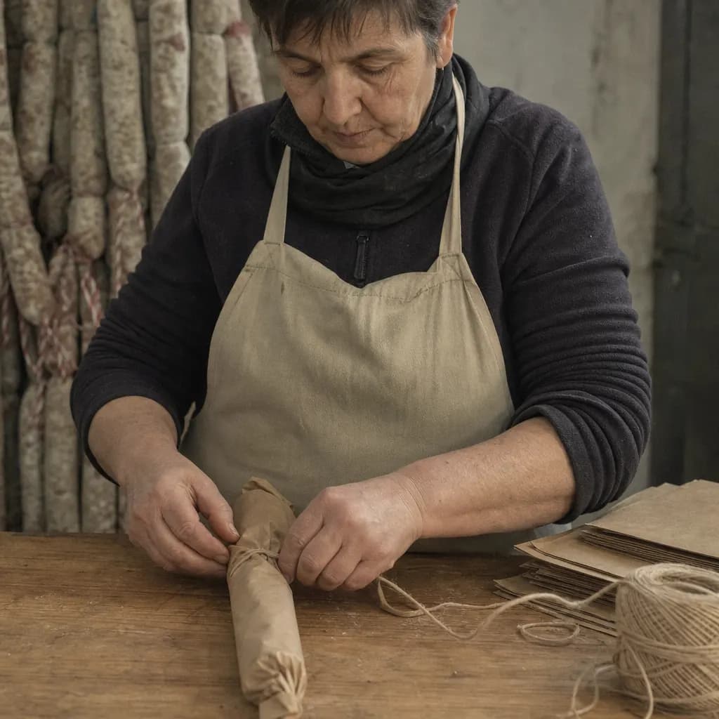 Montse Comas wraps a llonganissa in paper instead of plastic
