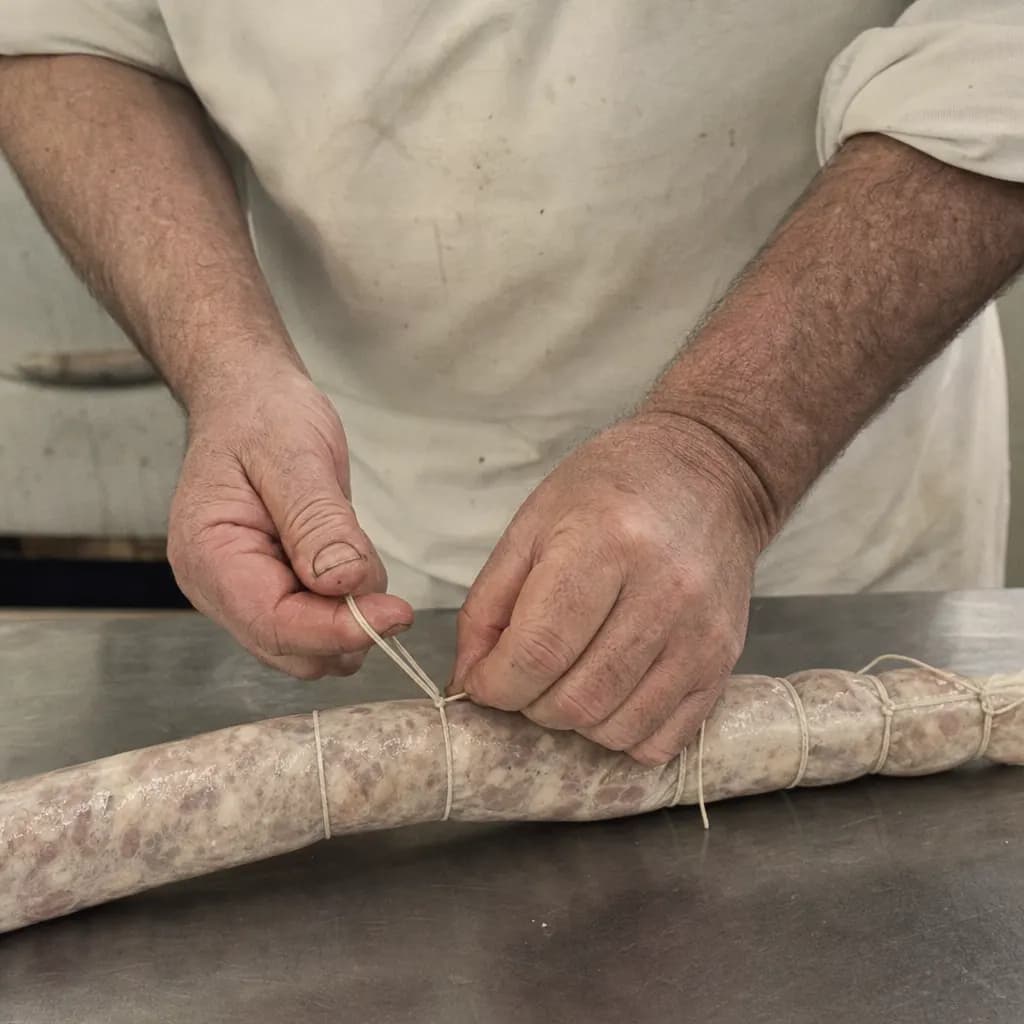 Pol Comas ties a freshly stuffed llonganissa by hand