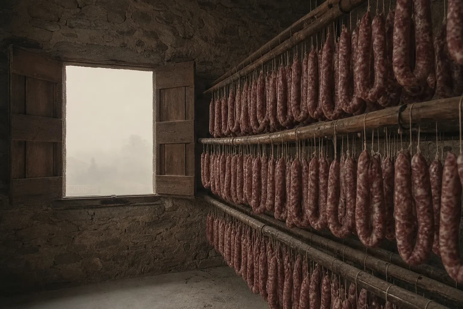 Fresh llonganisses hanging in the drying room with the Plana de Vic fog
