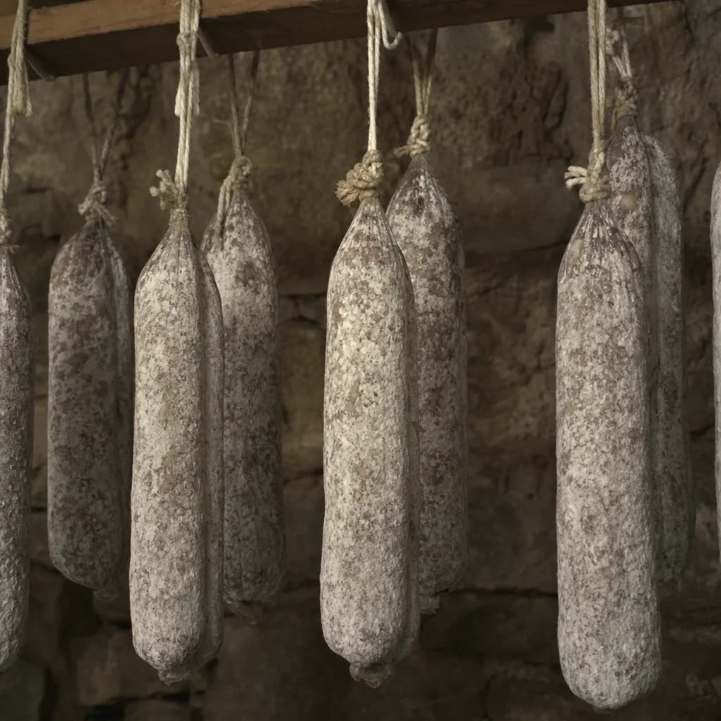 Cured llonganissa covered in white bloom hanging in the drying room