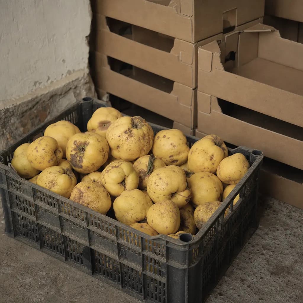 Crate of misshapen spotted quinces that are all used
