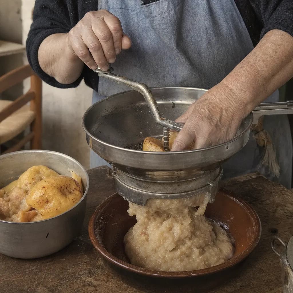 Hands press cooked quinces through a food mill