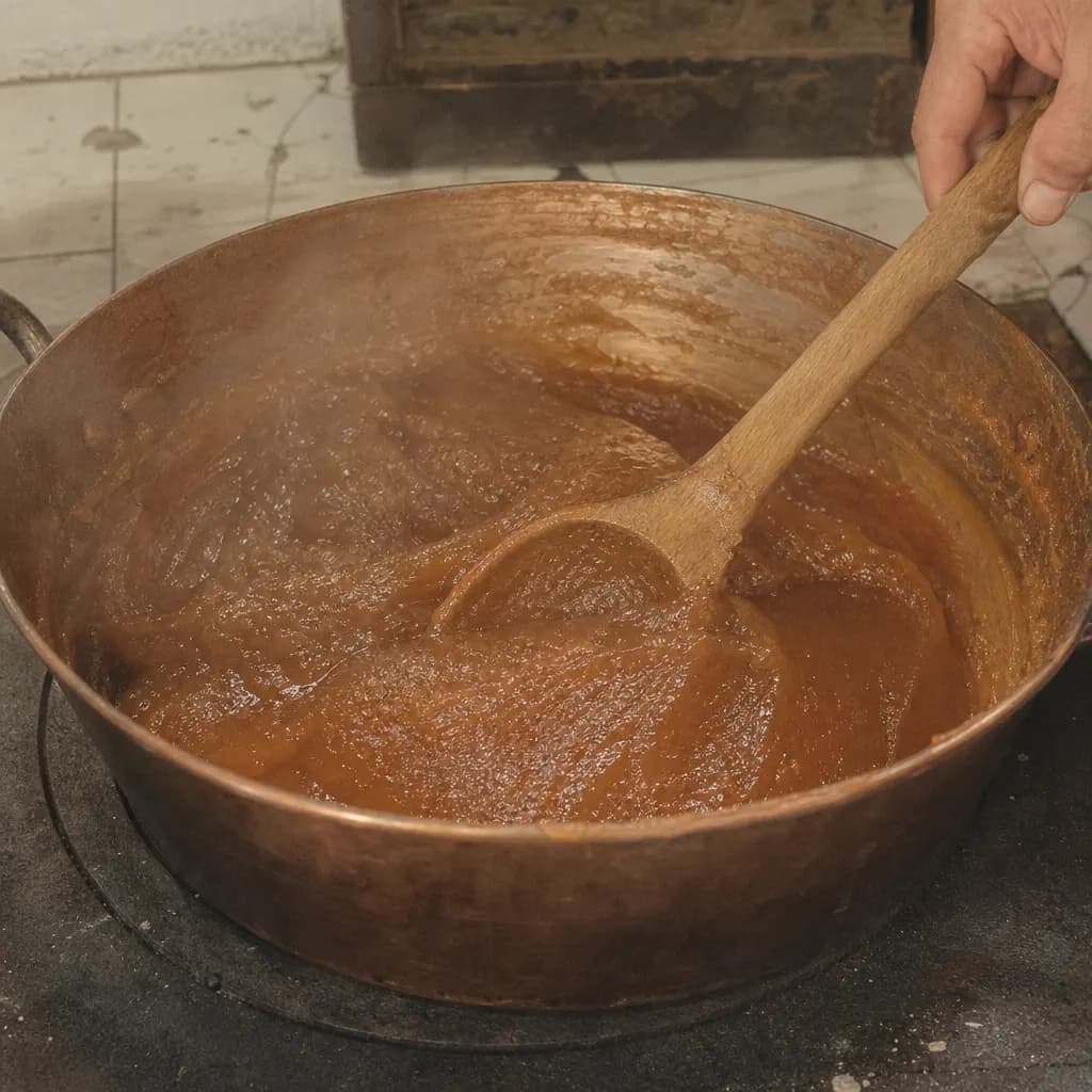 A spoon stirs the quince paste until it comes away from the pan