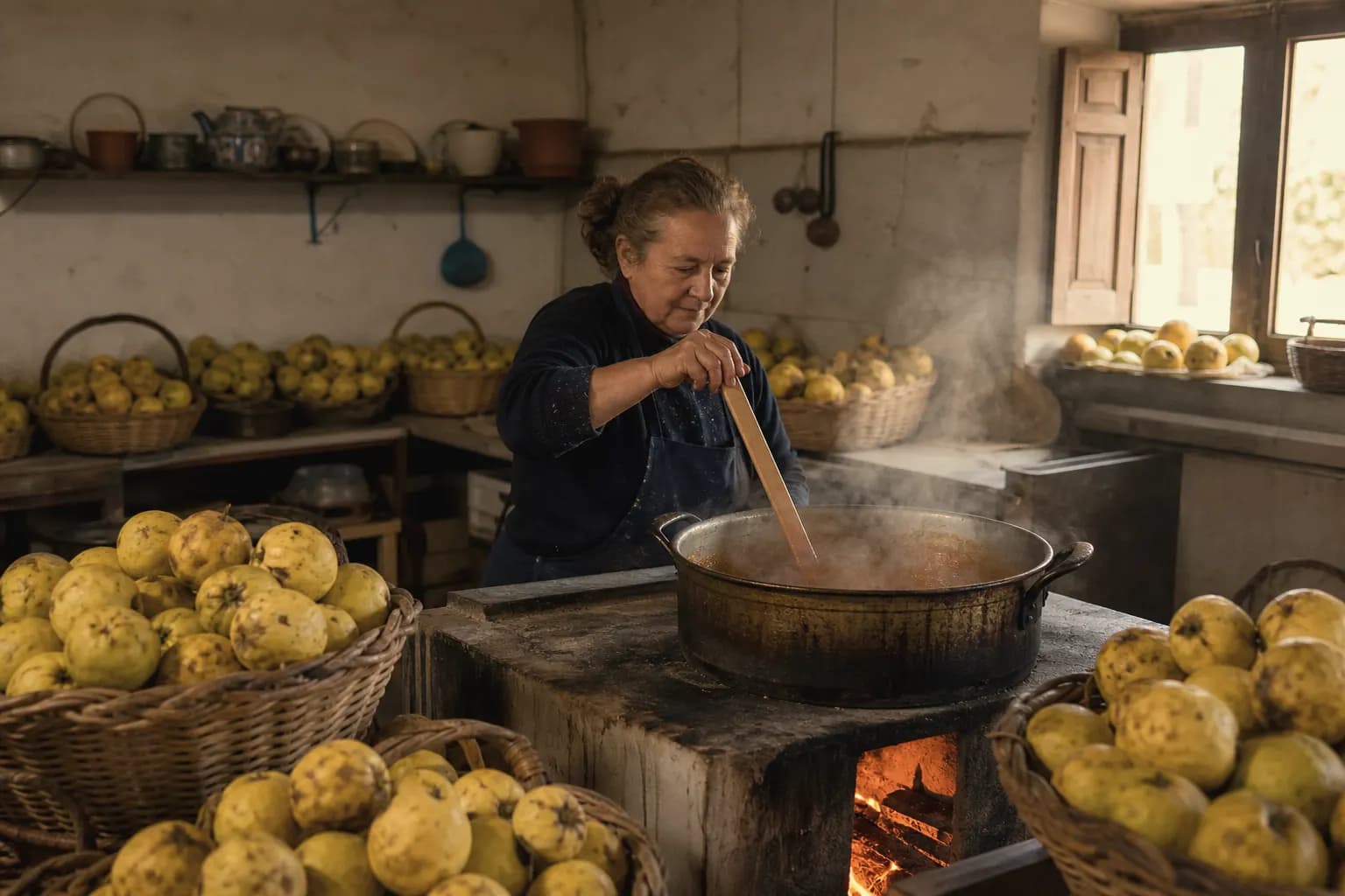 Gema Carrasco stirs quince paste in a kitchen full of baskets of fruit