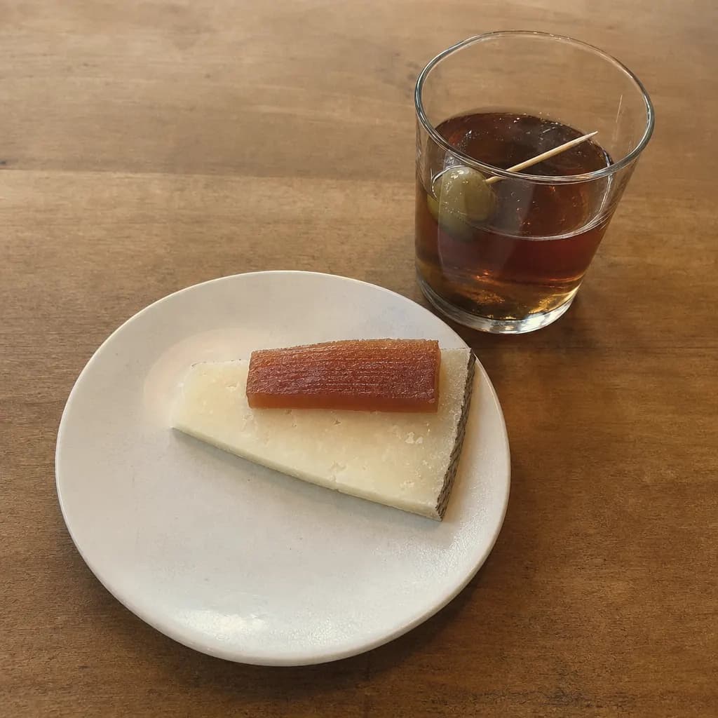 Manchego cheese with quince paste beside a vermouth with an olive