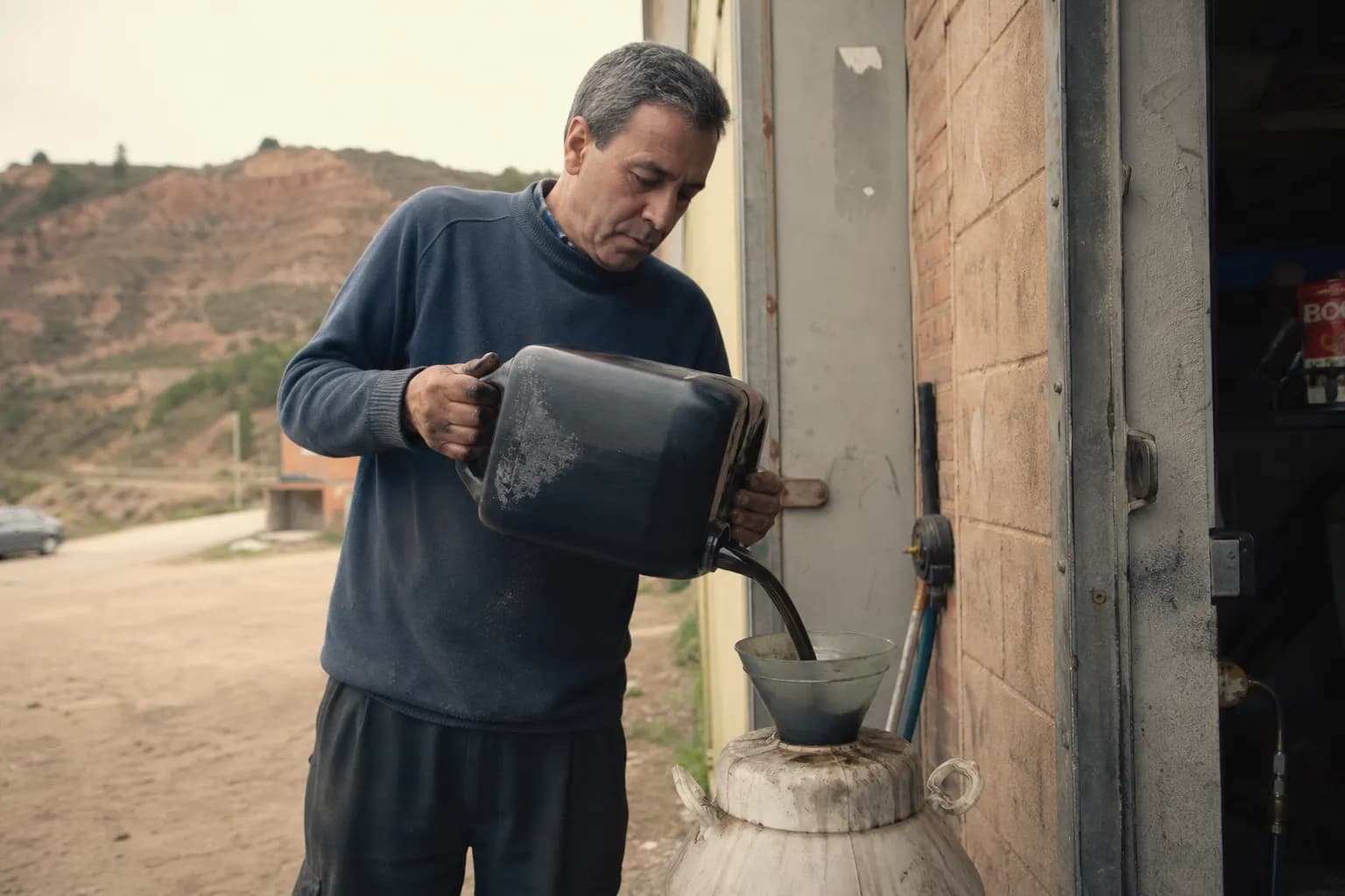 Álvaro Sáenz pours used oil into a drum to be made into biodiesel