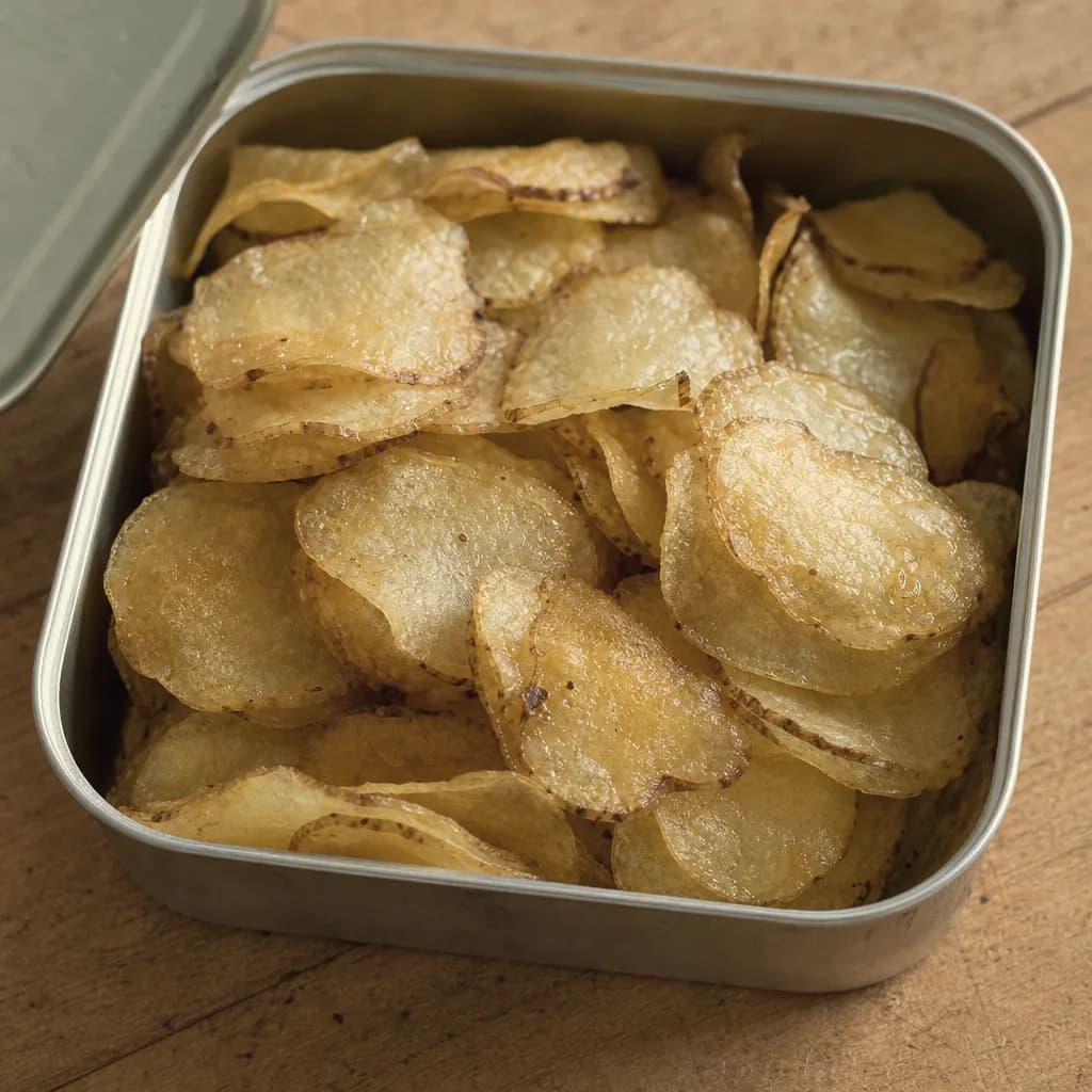 Thin whole crisps with their skin inside an open tin