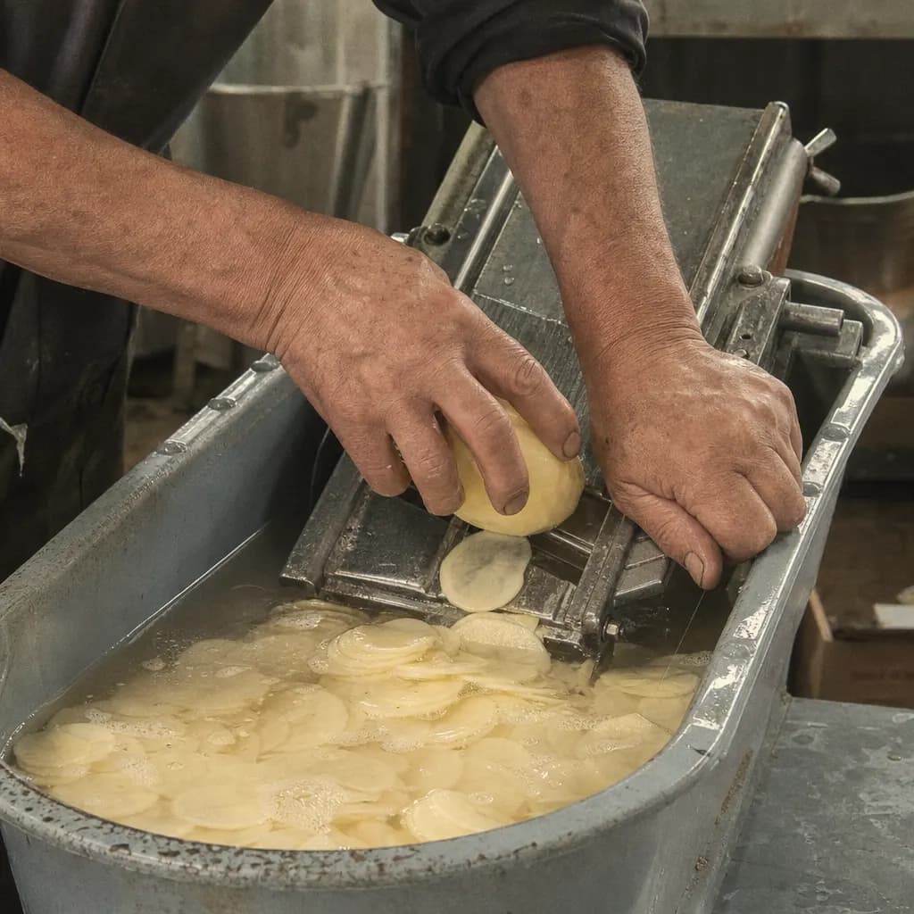 Potatoes with skin sliced very thin on a mandoline