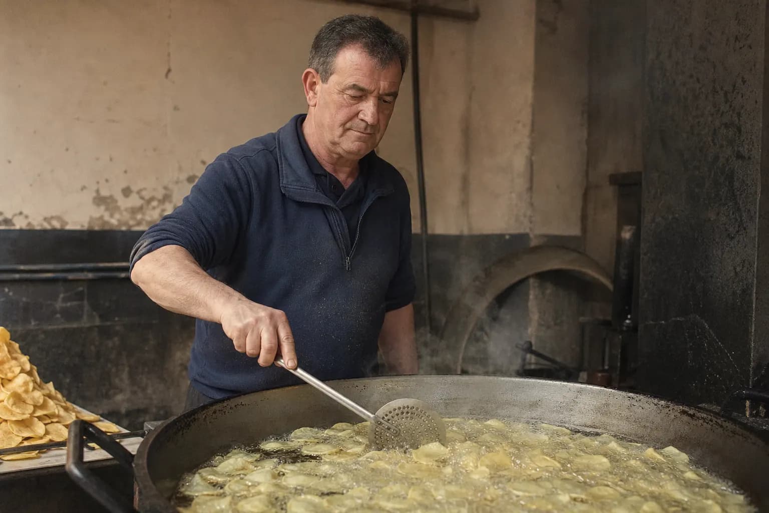 Javier Sáenz fries the potatoes in batches in olive oil