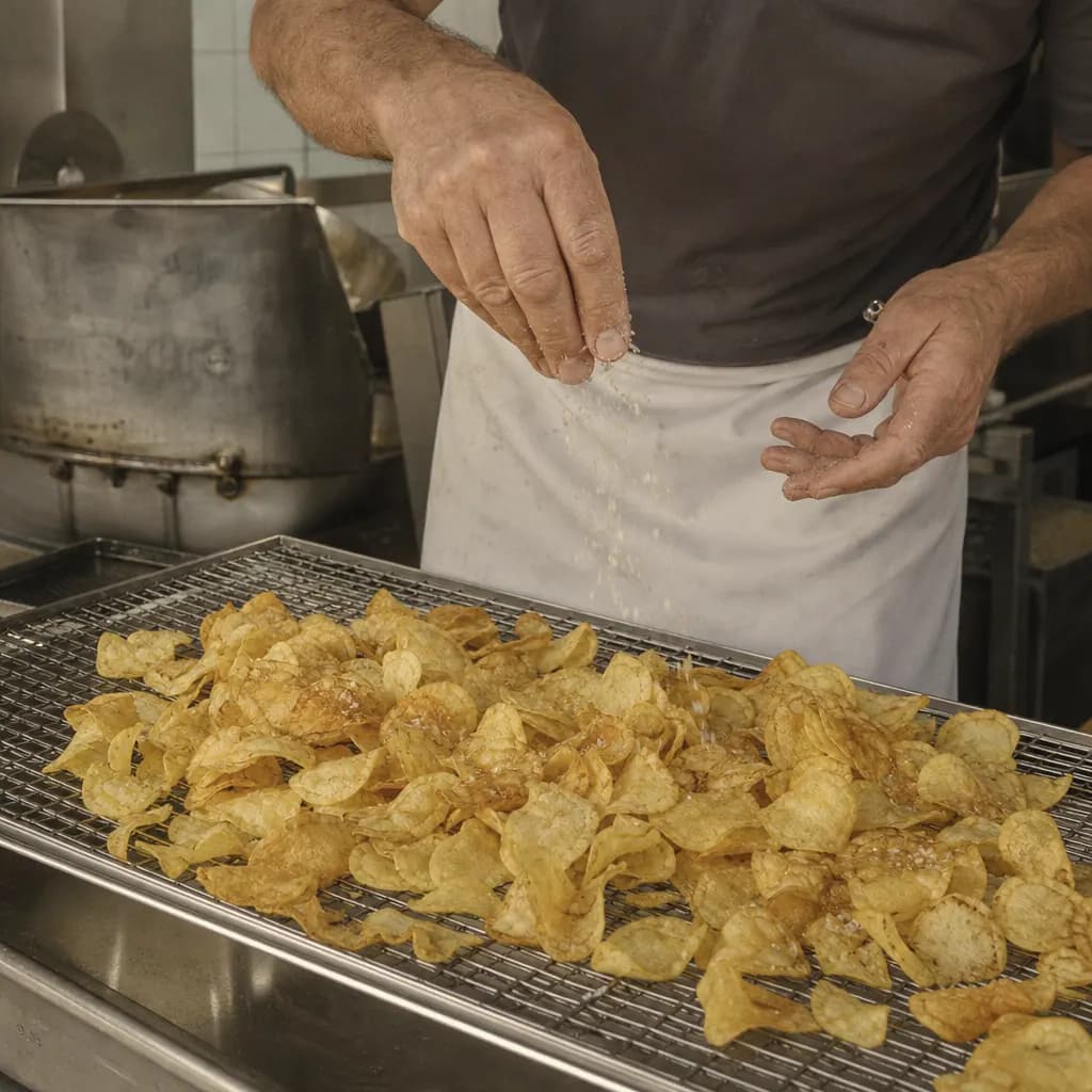 Hands salt freshly fried crisps with sea salt
