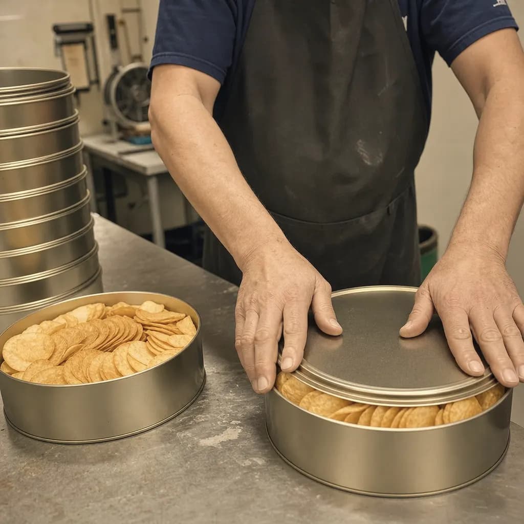Hands fill large round tins with golden crisps