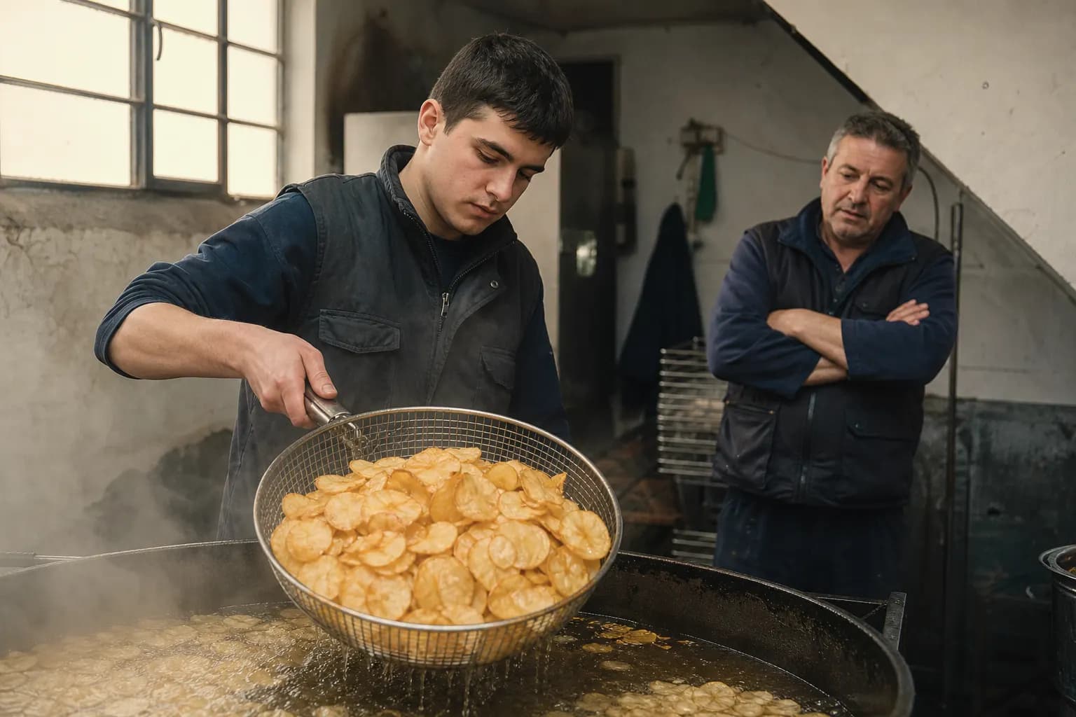 Álvaro Sáenz lifts crisps from the pan while his father watches