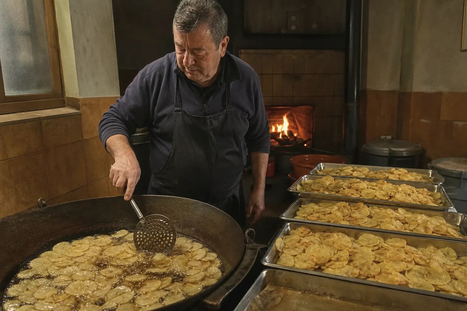 Javier Sáenz fries a small batch of crisps in a wide pan