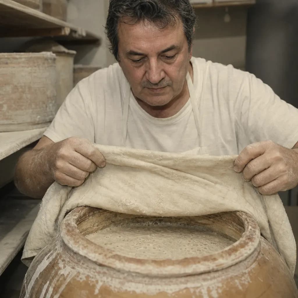 Curro Montero uncovers the bakery's sourdough, kept alive since 1977