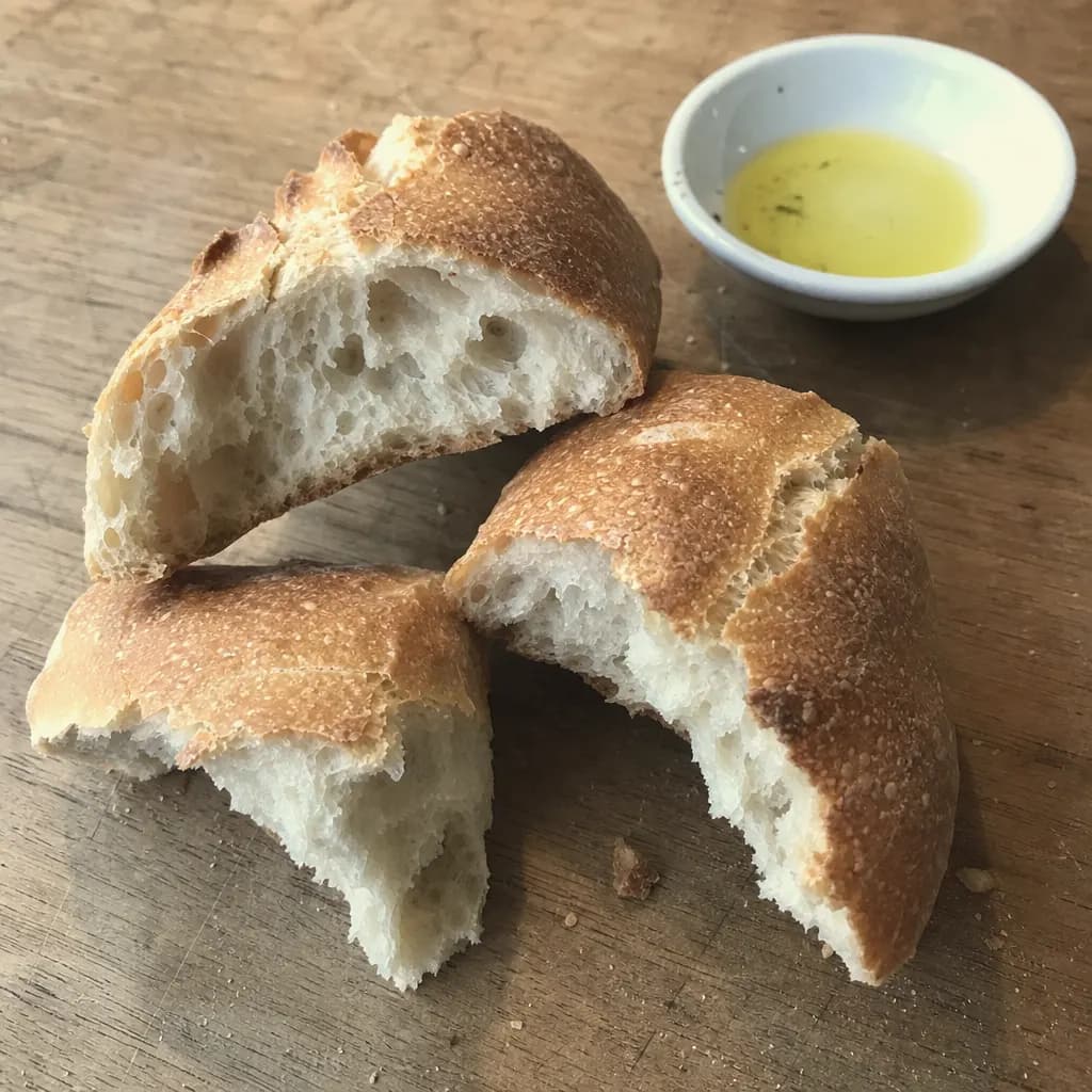 Picos broken in half showing a dry crisp crumb beside a dish of oil