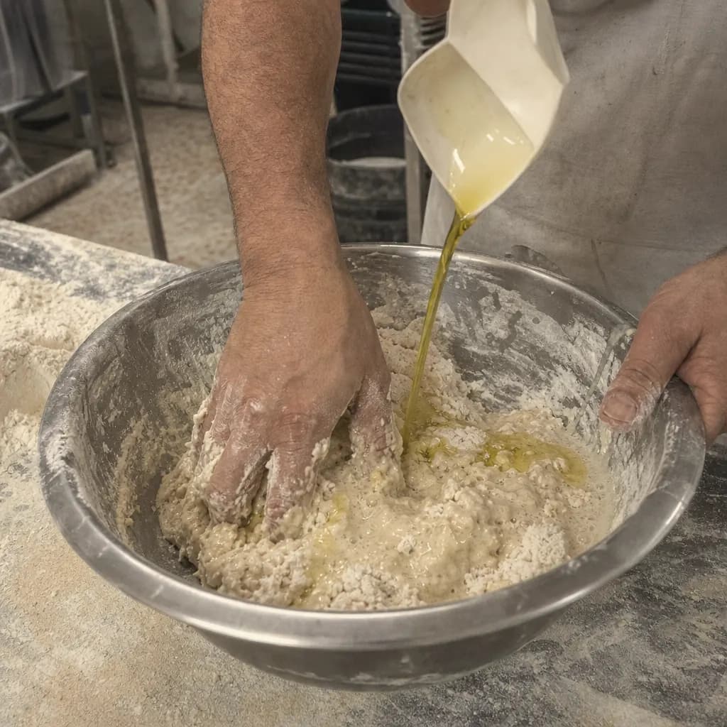Hands mix bread dough with sourdough starter and olive oil